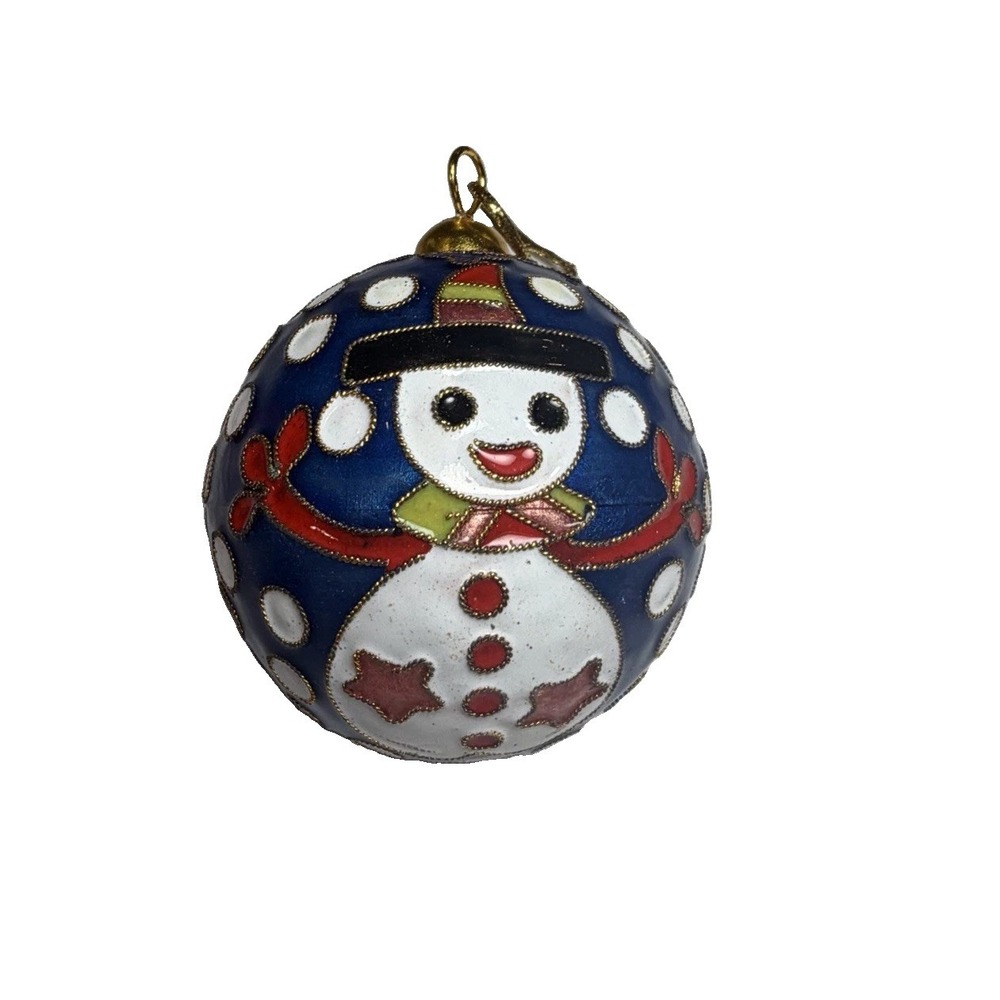 Cloisonne Snowman Christmas Ball Ornament Blue Enamel Gold Tone Holiday